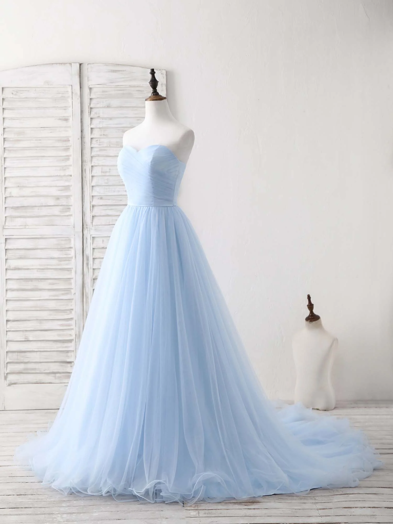 Simple Sweetheart Blue Tulle Long Prom Dress Blue Evening Dress - Deanwangkt