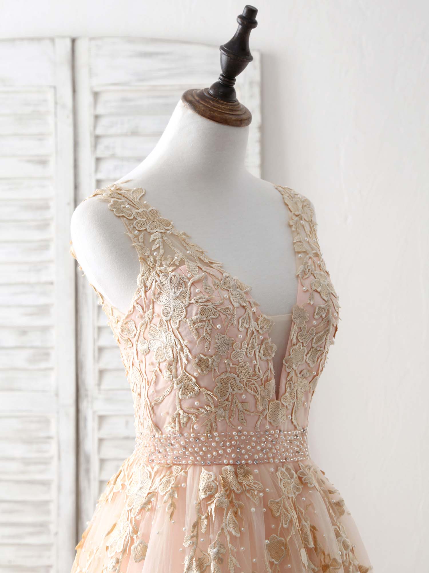 Unique V Neck Tulle Lace Applique Long Prom Dress, Evening Dress - Deanwangkt
