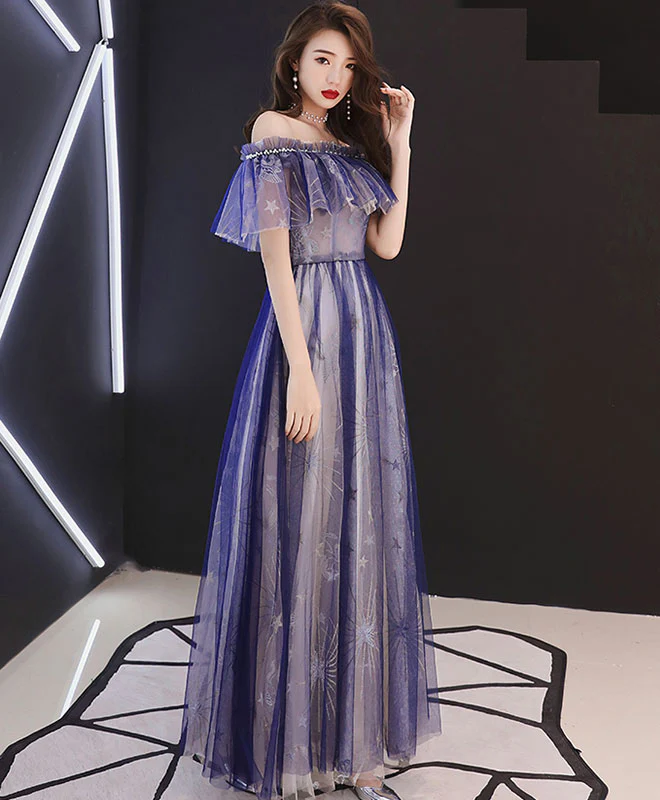 Blue Tulle Lace Tea Length Prom Dress, Blue Tulle Evening Dress - Deanwangkt
