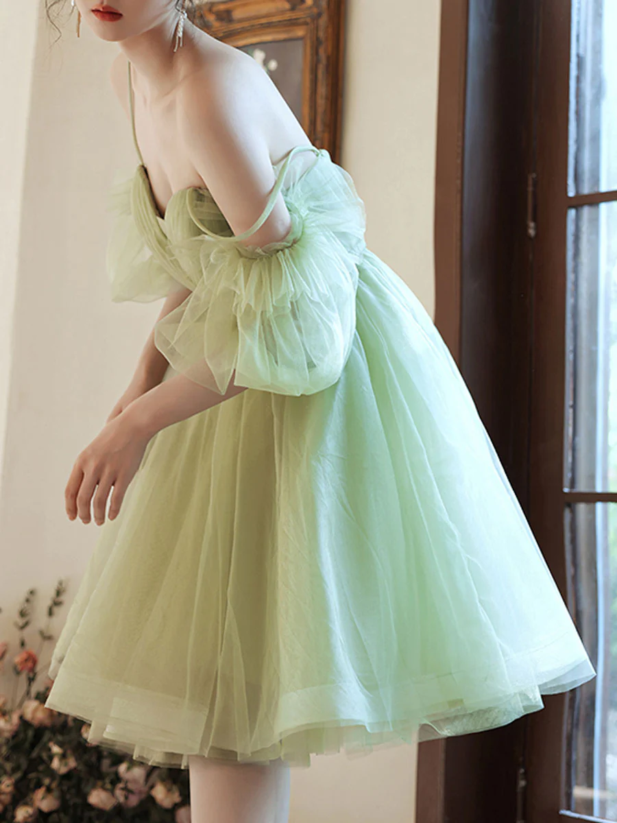 Simple Green Tulle Short Prom Dress, Green Puffy Homecoming Dress - Deanwangkt