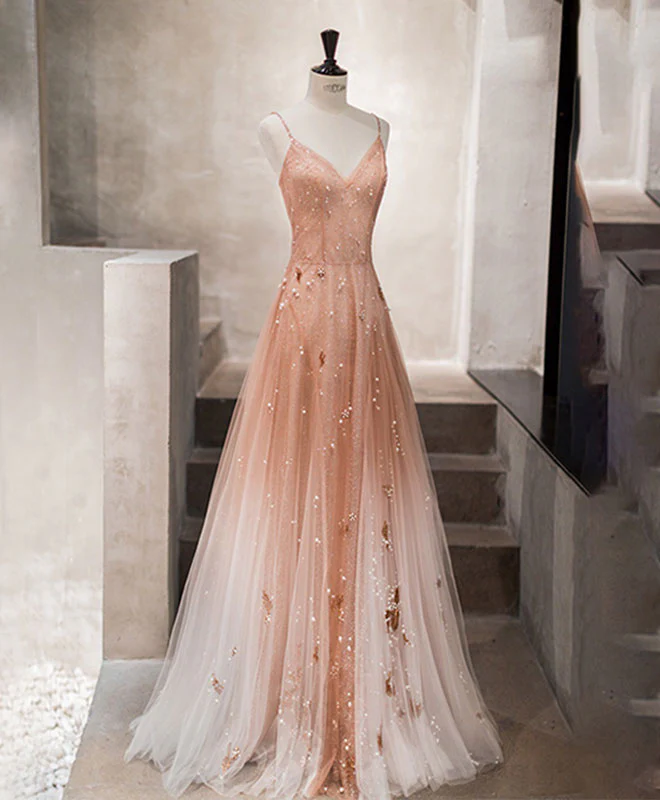 Unique Pink Tulle Long Prom Dress, Tulle Pink Evening Dress - Deanwangkt