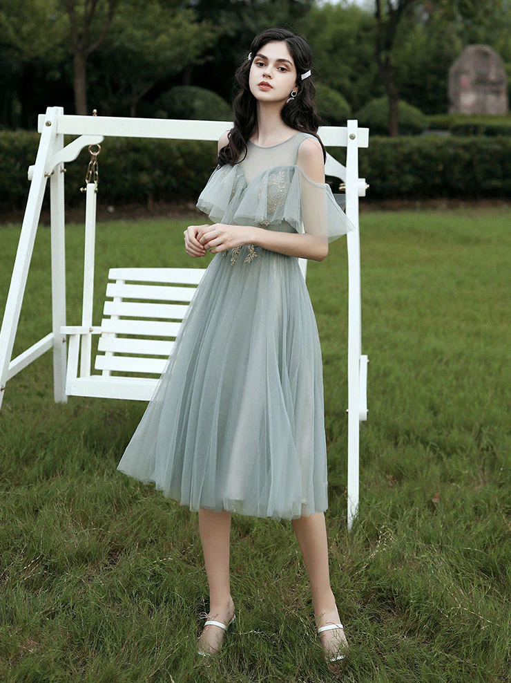 Gray Green Tulle Lace Short Prom Dresses, Gray Tulle Bridesmaid Dress - Deanwangkt