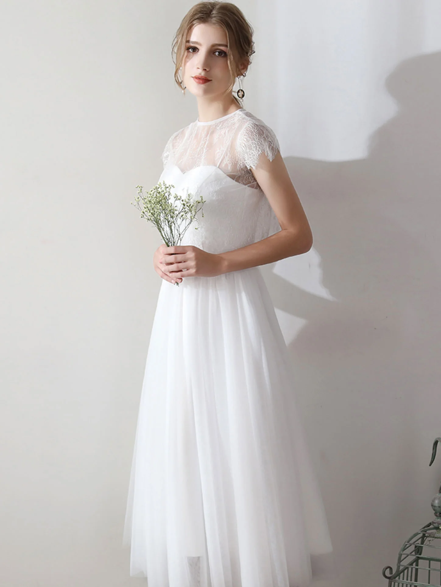 White Lace Short Bridesmaid Dress, Two Pieces Wedding Party Dresses - Deanwangkt