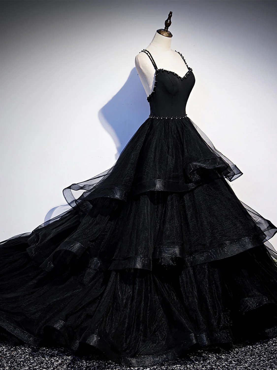 Black V Neck Tulle Long Prom Dress, Black Formal Graduation Dress with Beading - Deanwangkt