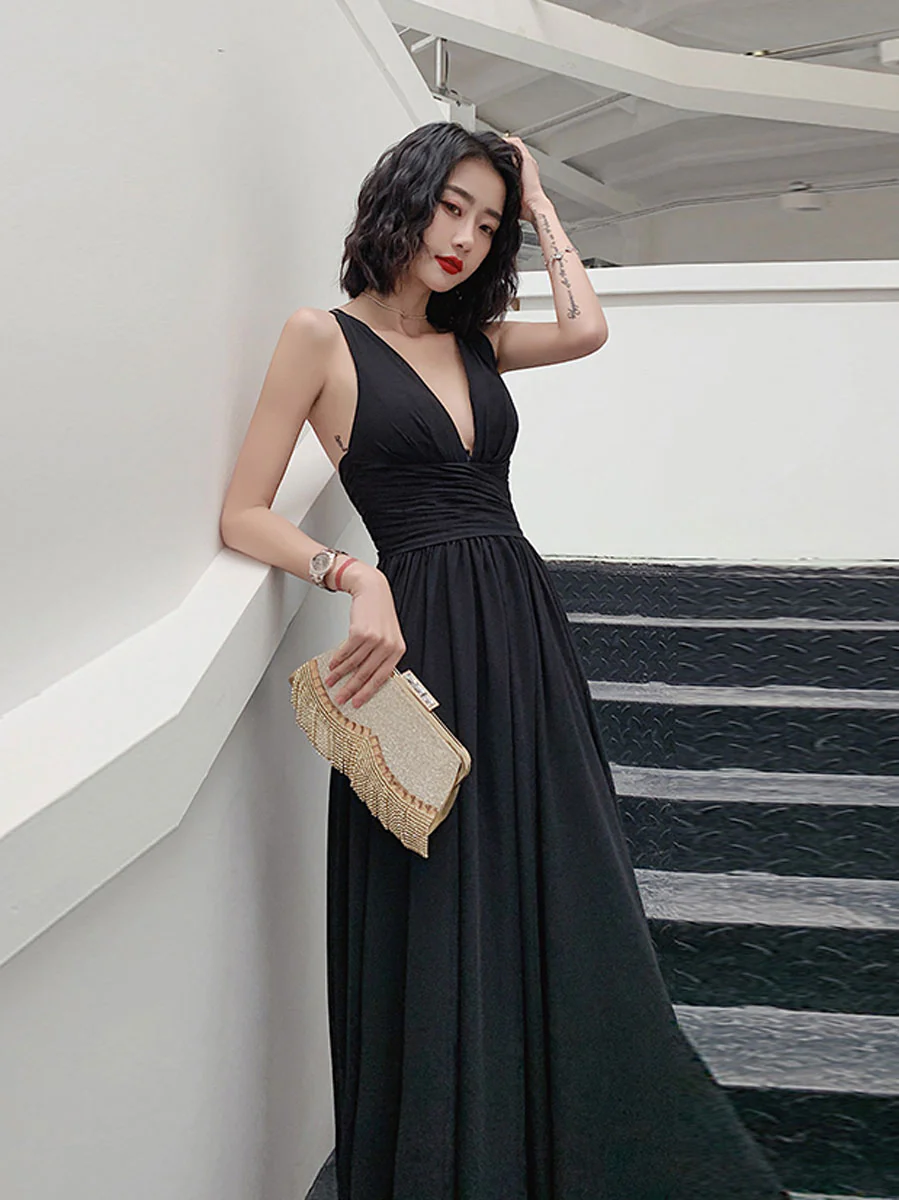 Simple V Neck Chiffon Black Long Prom Dress, Black Evening Dresses - Deanwangkt