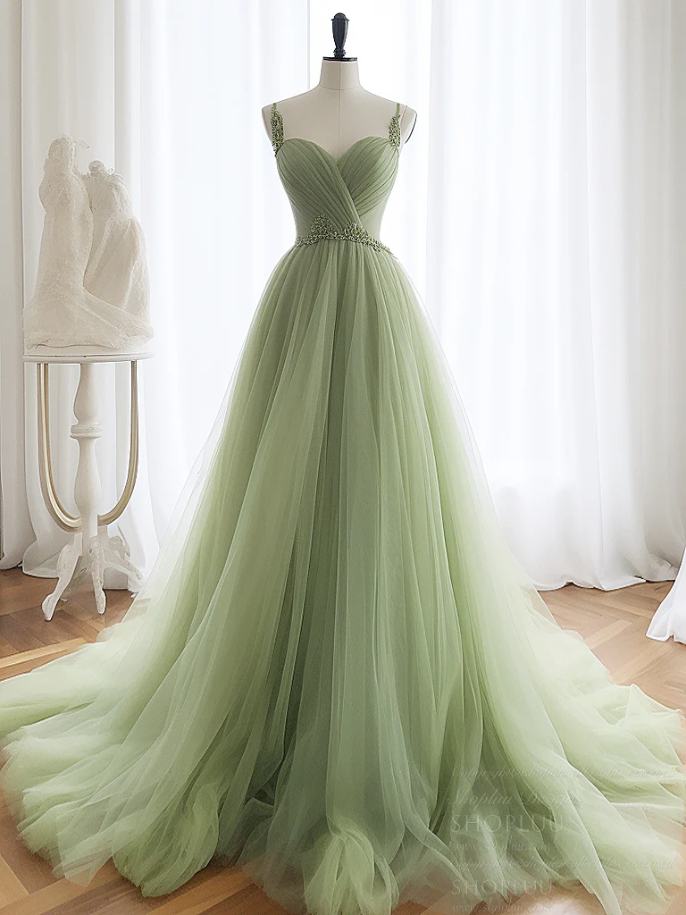 A-Line Sweetheart Neck Tulle Green Long Prom Dress, Green Long Formal Dress - Deanwangkt