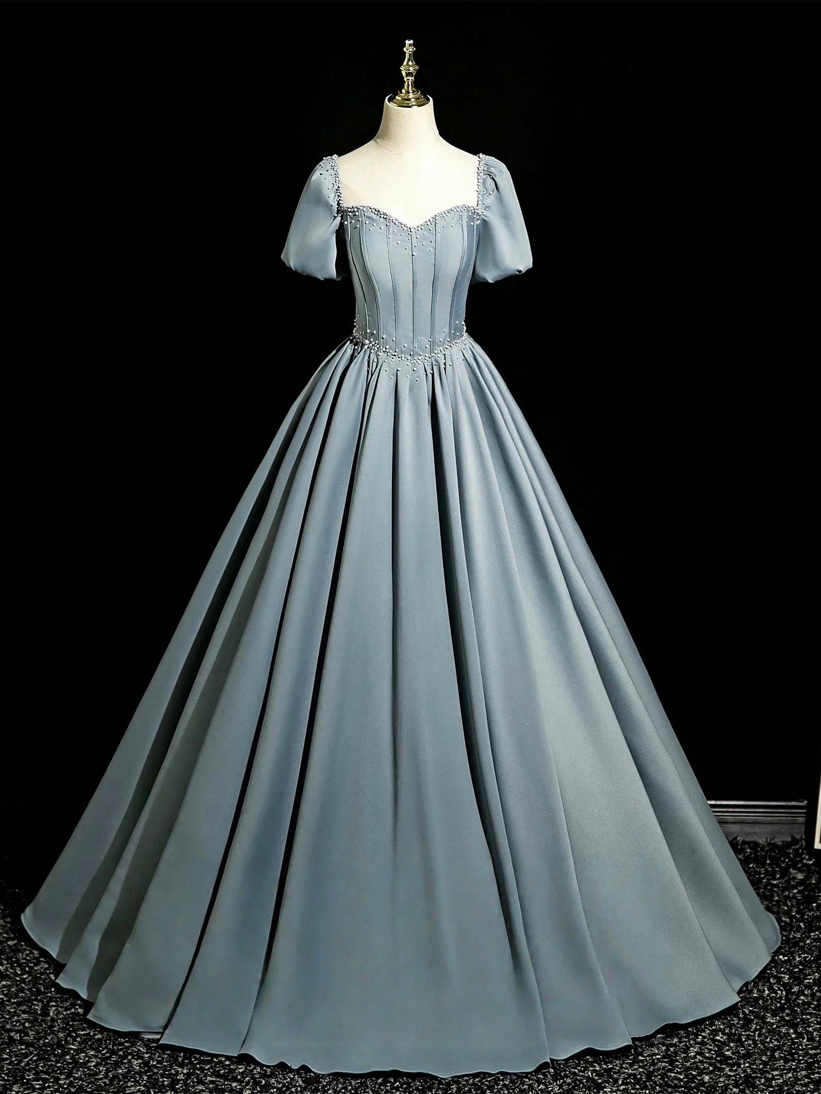 A-Line Sweetheart Neck Satin Gray Blue Long Prom Dress, Gray Blue Long Formal Dress - Deanwangkt