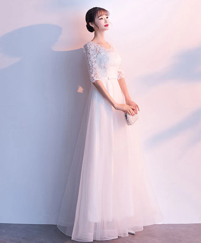 White Tulle Lace Long Prom Dress, White Tulle Lace Evening Dress - Deanwangkt