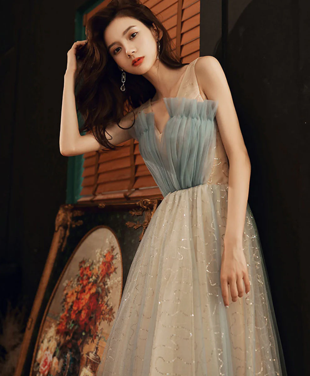 Blue V Neck Tulle Long Prom Dress, Blue Tulle Formal Dress with Sequin - Deanwangkt
