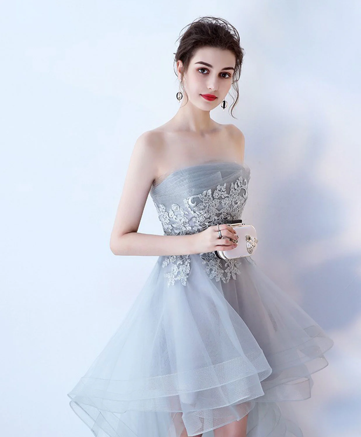 Gray Tulle Lace High Low Prom Dress, Cute Homecoming Dress - Deanwangkt