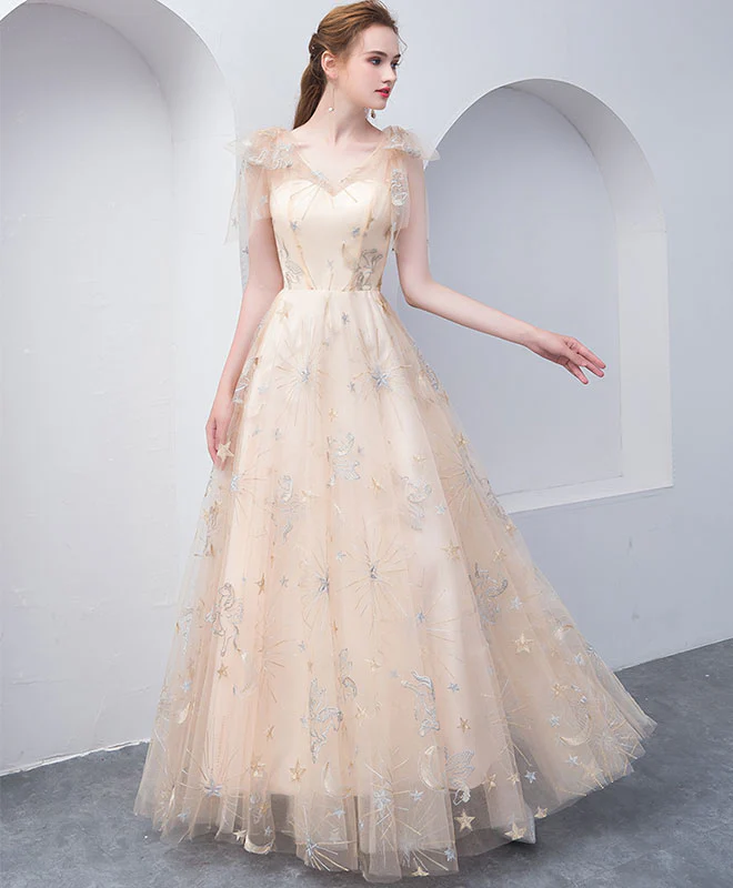 Champagne Tulle V Neck Long Prom Dress, Champagne Tulle Evening Dress - Deanwangkt