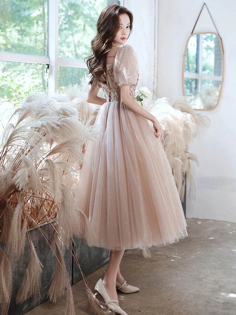Champagne A-line Tulle Beads Prom Dress, Tulle Bridesmaid Dress - Deanwangkt