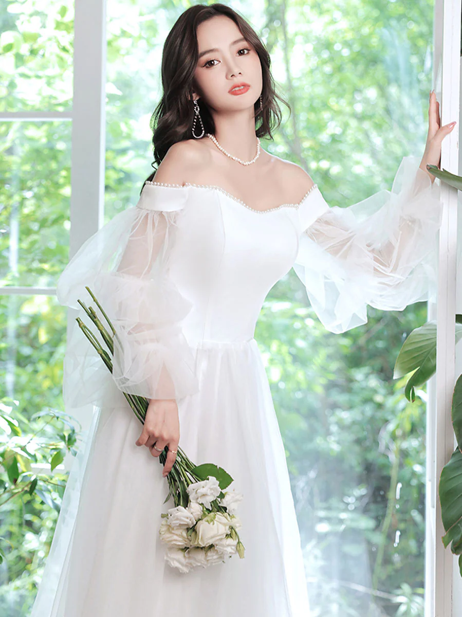 Simple White Tulle Long Prom Dress, White Formal Dresses - Deanwangkt