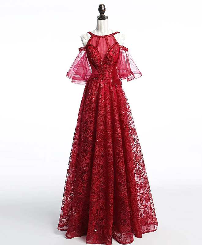 Unique Off Shoulder Tulle Lace Burgundy Long Prom Dress, Evening Dress - Deanwangkt