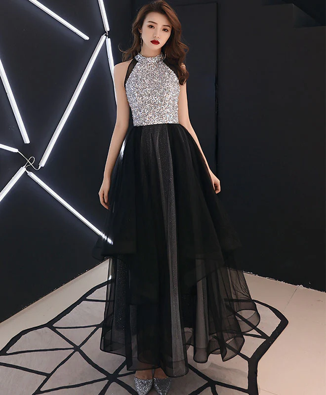 Black Sequin Tulle Long Prom Dress, Black Tulle Evening Dress - Deanwangkt