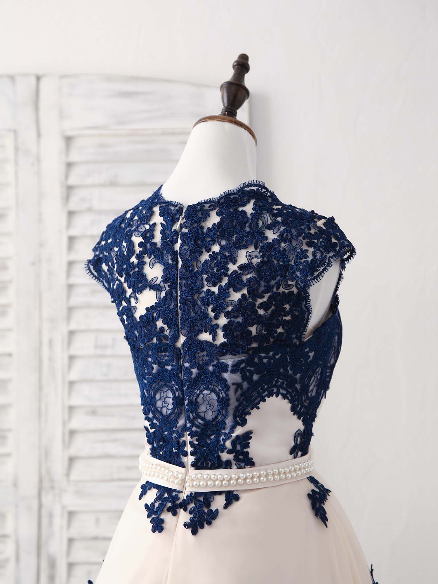 Dark Blue Lace Tulle Short Prom Dress Blue Bridesmaid Dress - Deanwangkt