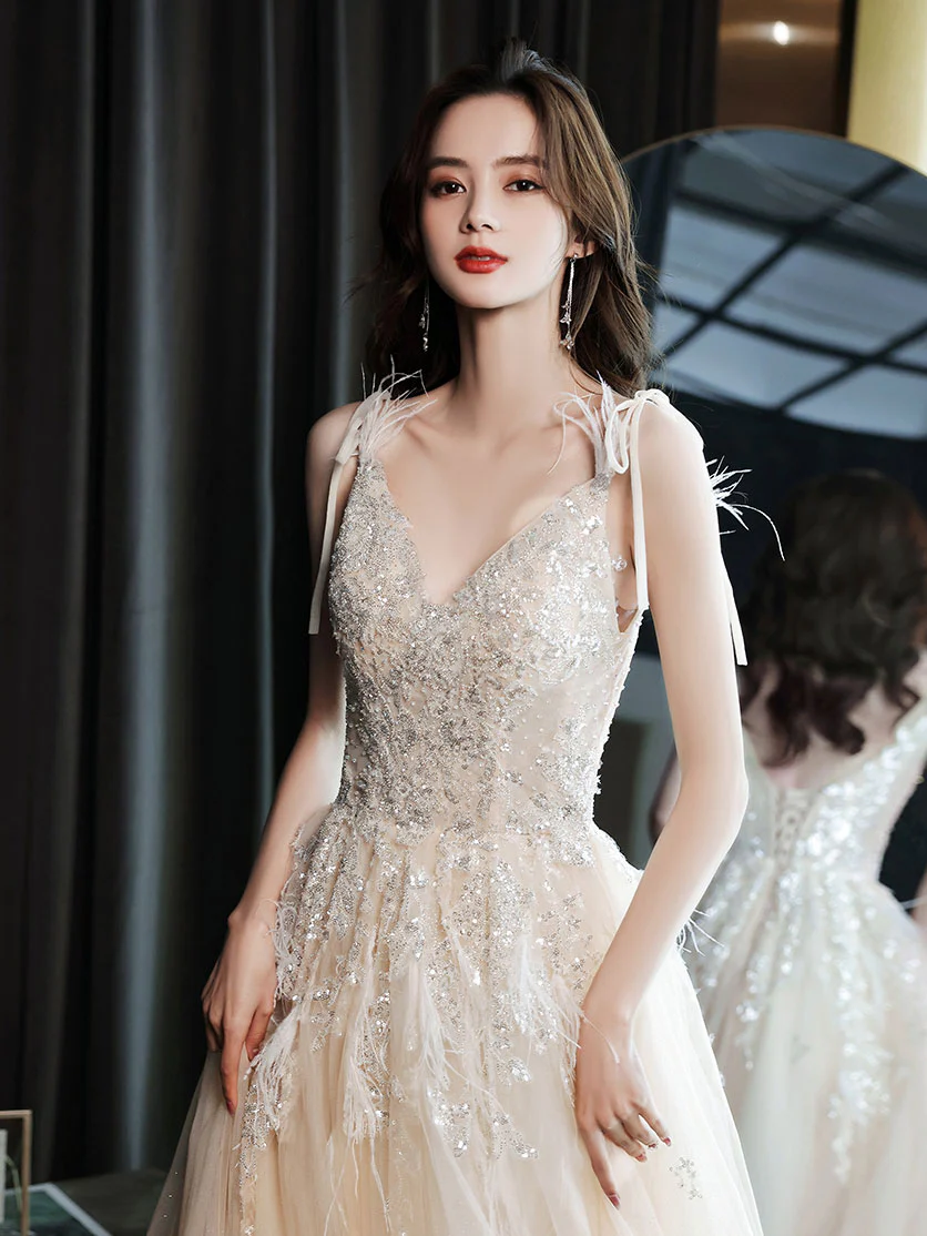 Champagne V Neck Tulle Sequin Lace Long Prom Dress, Champagne Evening Dress - Deanwangkt