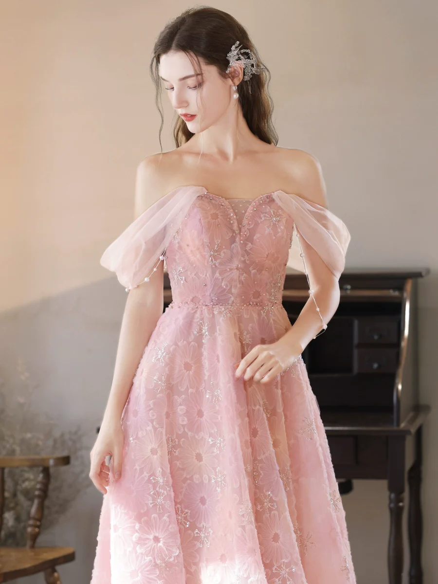 A-Line Off Shoulder Tulle Lace Pink Long Prom Dress, Pink Lace Evening Dress - Deanwangkt