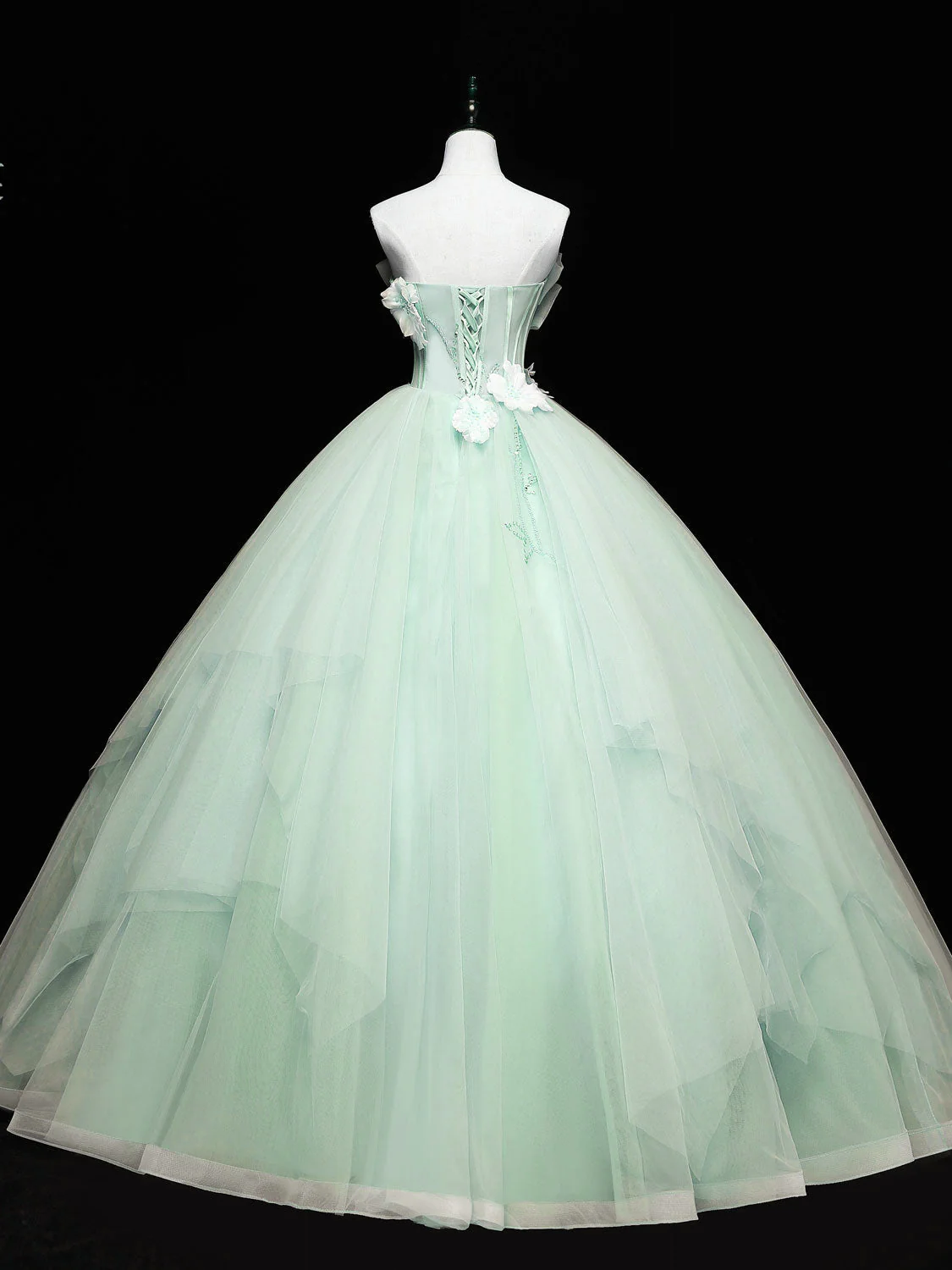 Green Tulle Lace Applique Long Prom Dresses, Green Sweet 16 Dresses - Deanwangkt