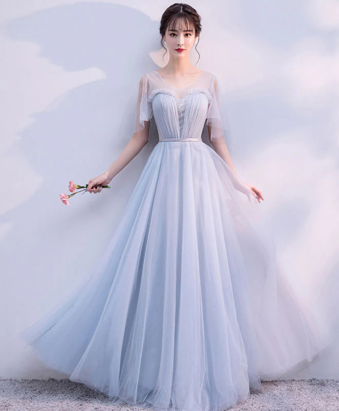 Gray V Neck Tulle Long Prom Dress, Gray Tulle Evening Dress - Deanwangkt