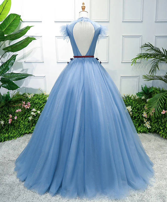 Blue High Neck Tulle Blue Long Prom Dress, Blue Evening Dress - Deanwangkt