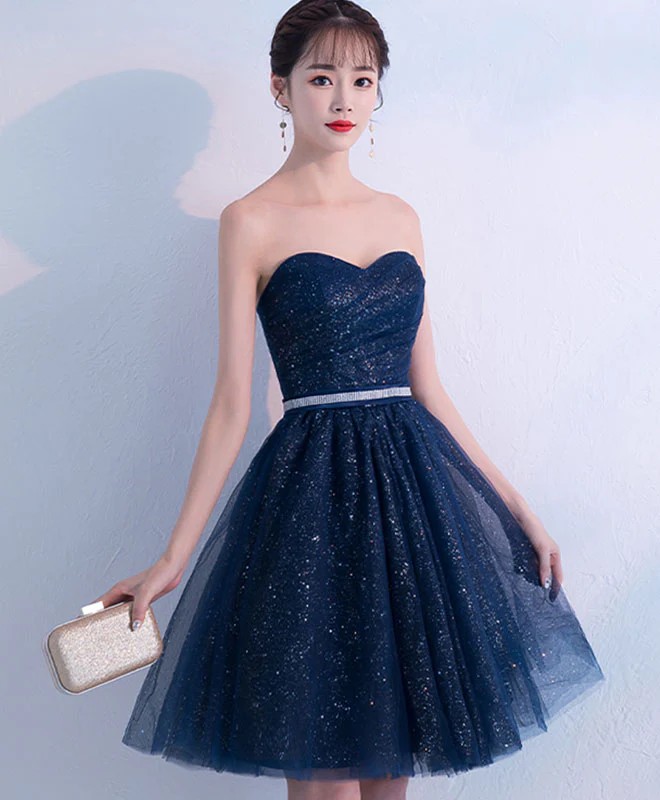 Dark Blue Sweetheart Tulle Short Prom Dress, Blue Homecoming Dress - Deanwangkt