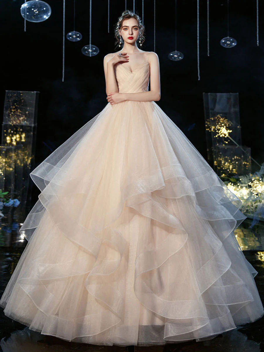 Champagne v neck tulle long wedding gown champagne wedding dress - Deanwangkt