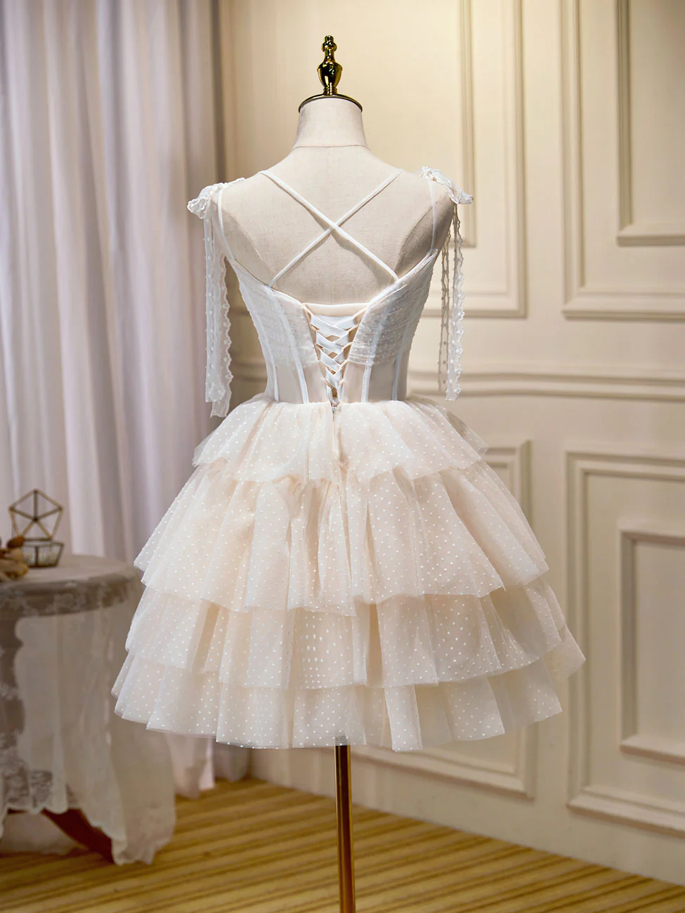 Champagne Mini/Short Prom Dress, Puffy Cute Homecoming Dress With Lace - Deanwangkt