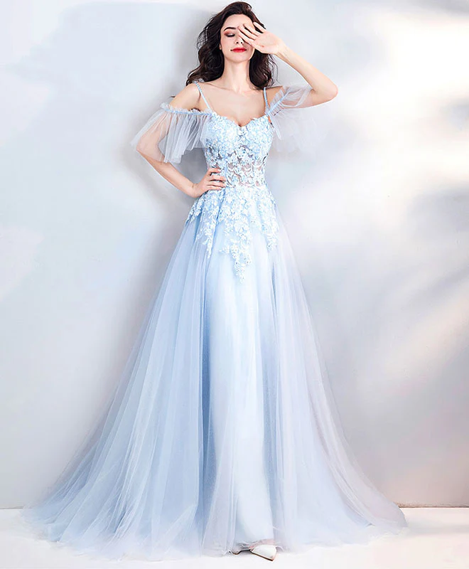Light Blue Lace Tulle Long Prom Dress, Evening Dress - Deanwangkt