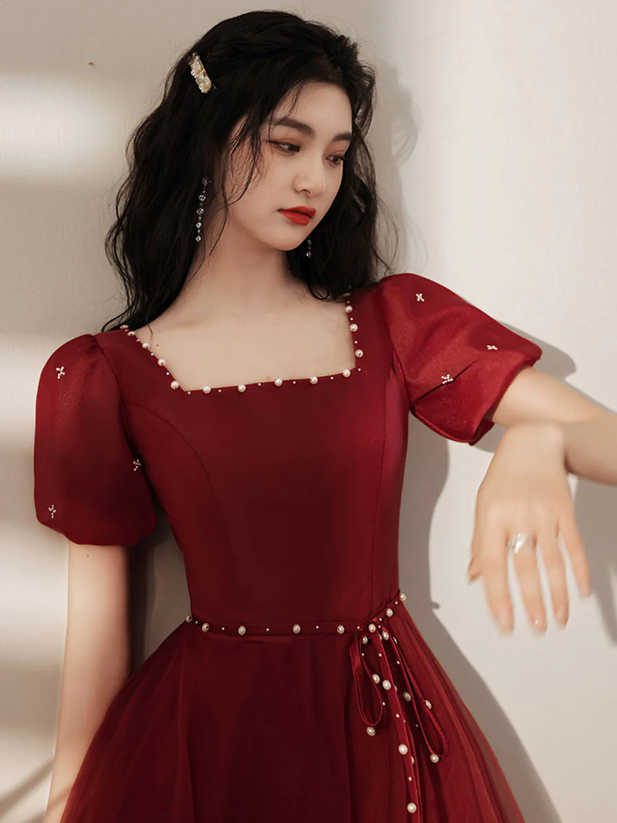 Simple Tea Length Burgundy Prom Dress, Burgundy Graduation Dresses - Deanwangkt