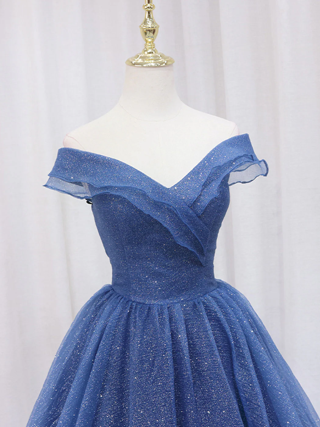 A-Line Off Shoulder Dark Blue Long Prom Dress, Shiny Tulle Long Graduation Dress - Deanwangkt