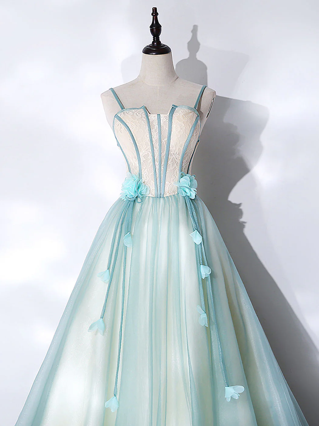 A-Line Tulle Green Long Prom Dress, Green Graduation Dress with Sweep Train - Deanwangkt