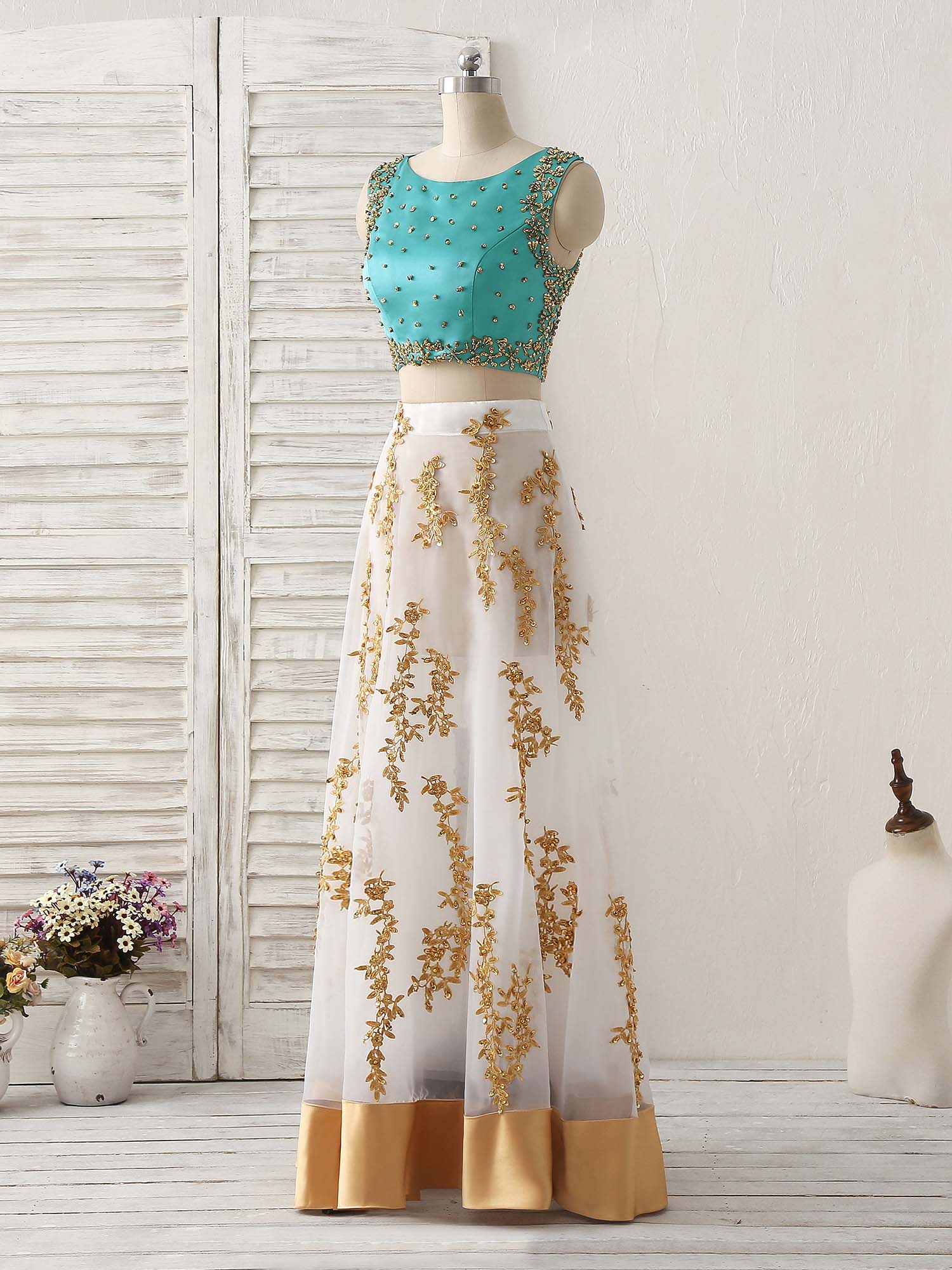 Unique Two Pieces Beads Lace Applique Long Prom Dress, Green Evening Dress - Deanwangkt