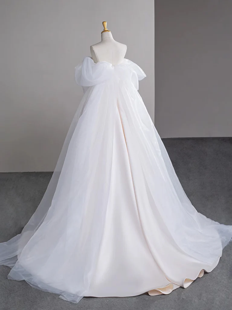 A-Line Satin Tulle Light Champagne Long Prom Dress, Light Champagne Formal Dress - Deanwangkt