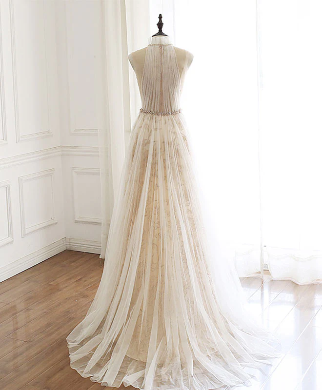 Champagne Tulle Lace Long Prom Dress, Champagne Evening Dress - Deanwangkt