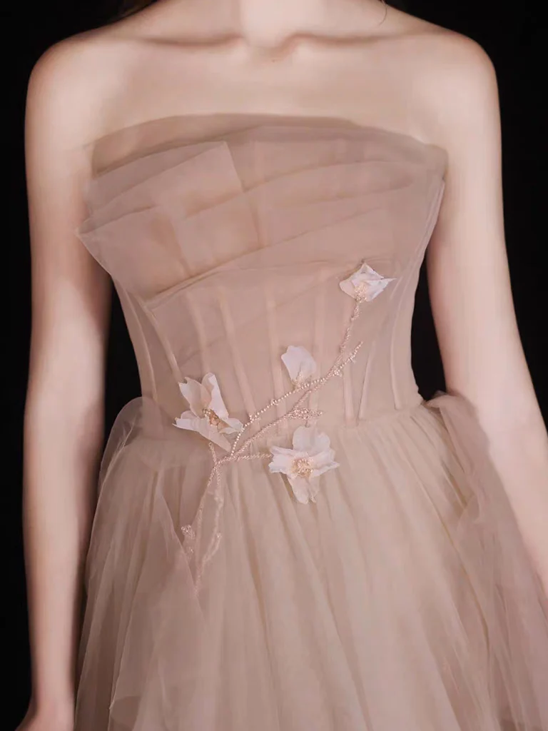 Champagne A-Line Tulle Long Prom Dress, Champagne Long Formal Dress - Deanwangkt