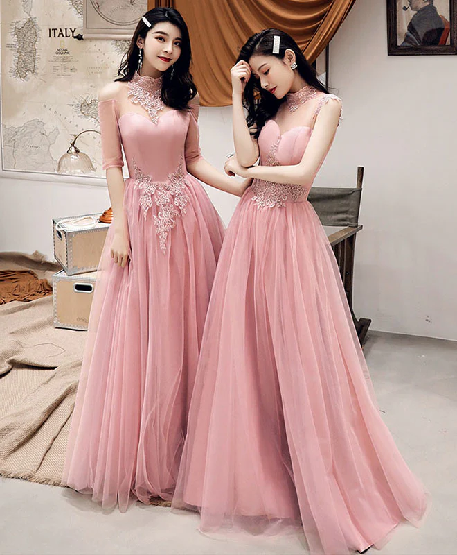 Pink Tulle Lace Long Prom Dress, Pink Tulle Lace Bridesmaid Dress - Deanwangkt