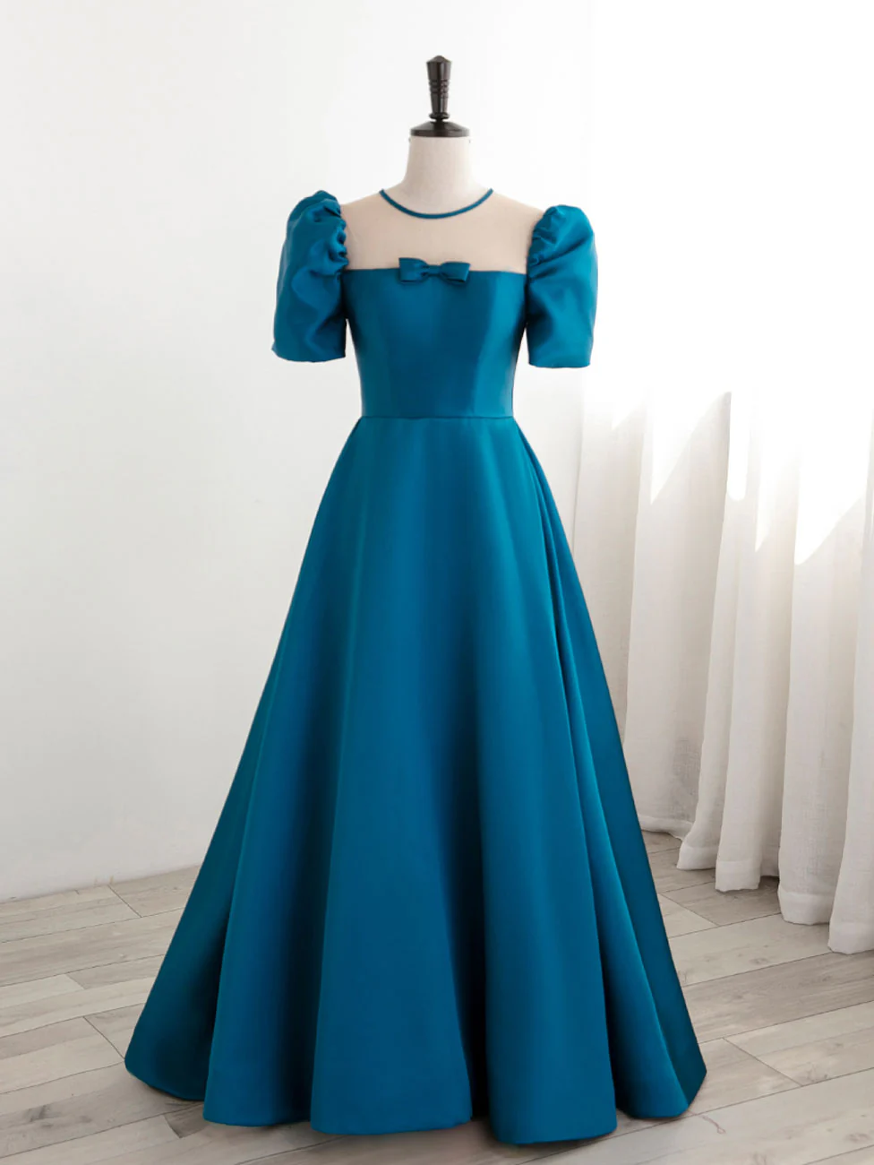 A-Line Satin Blue Long Prom Dress, Blue Long Formal Evening Dresses - Deanwangkt