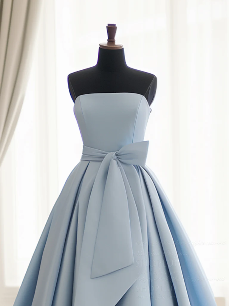 A-Line Satin Blue Long Prom Dress, Blue Satin Long Formal Dress - Deanwangkt