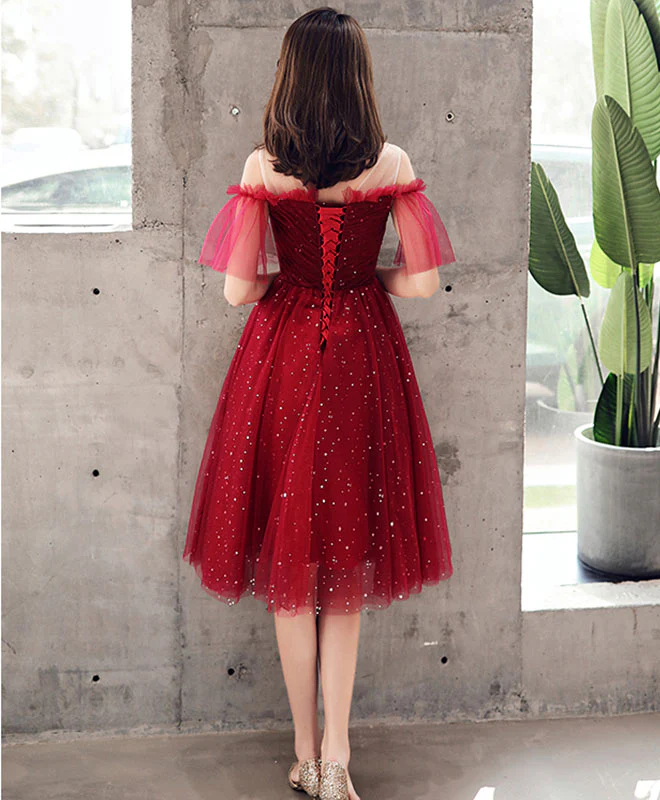 Burgundy Tulle Sequin Short Prom Dress, Burgundy Homecoming Dress - Deanwangkt