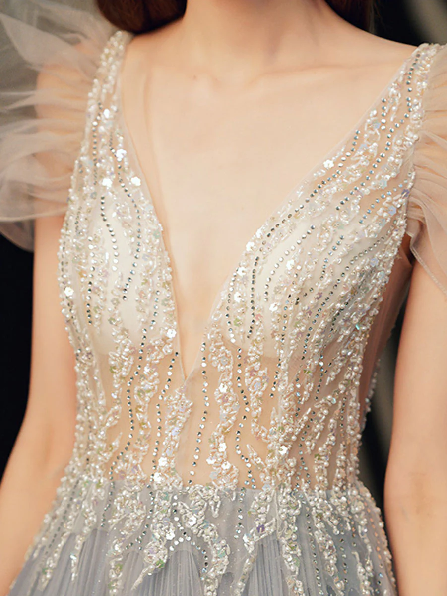 Gray Blue V Neck Tulle Sequin Long Prom Dress, Gray Blue Evening Dress - Deanwangkt