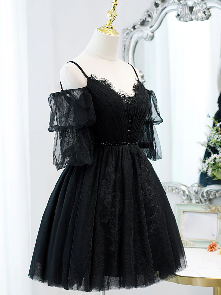 Black A line V Neck Lace Short/Mini Prom Dress, Black Puffy Homecoming Dresses - Deanwangkt