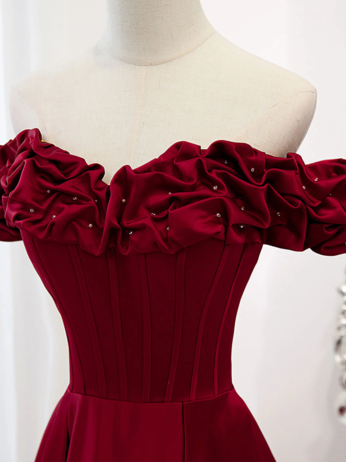 A-Line Off Shoulder Satin Burgundy Long Prom Dress, Satin Burgundy Evening Dress - Deanwangkt