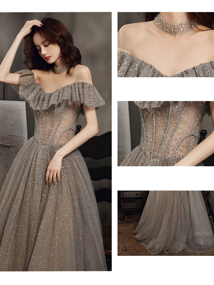 Gray High Neck Tulle Sequin Long Prom Dress Gray Formal Dress - Deanwangkt