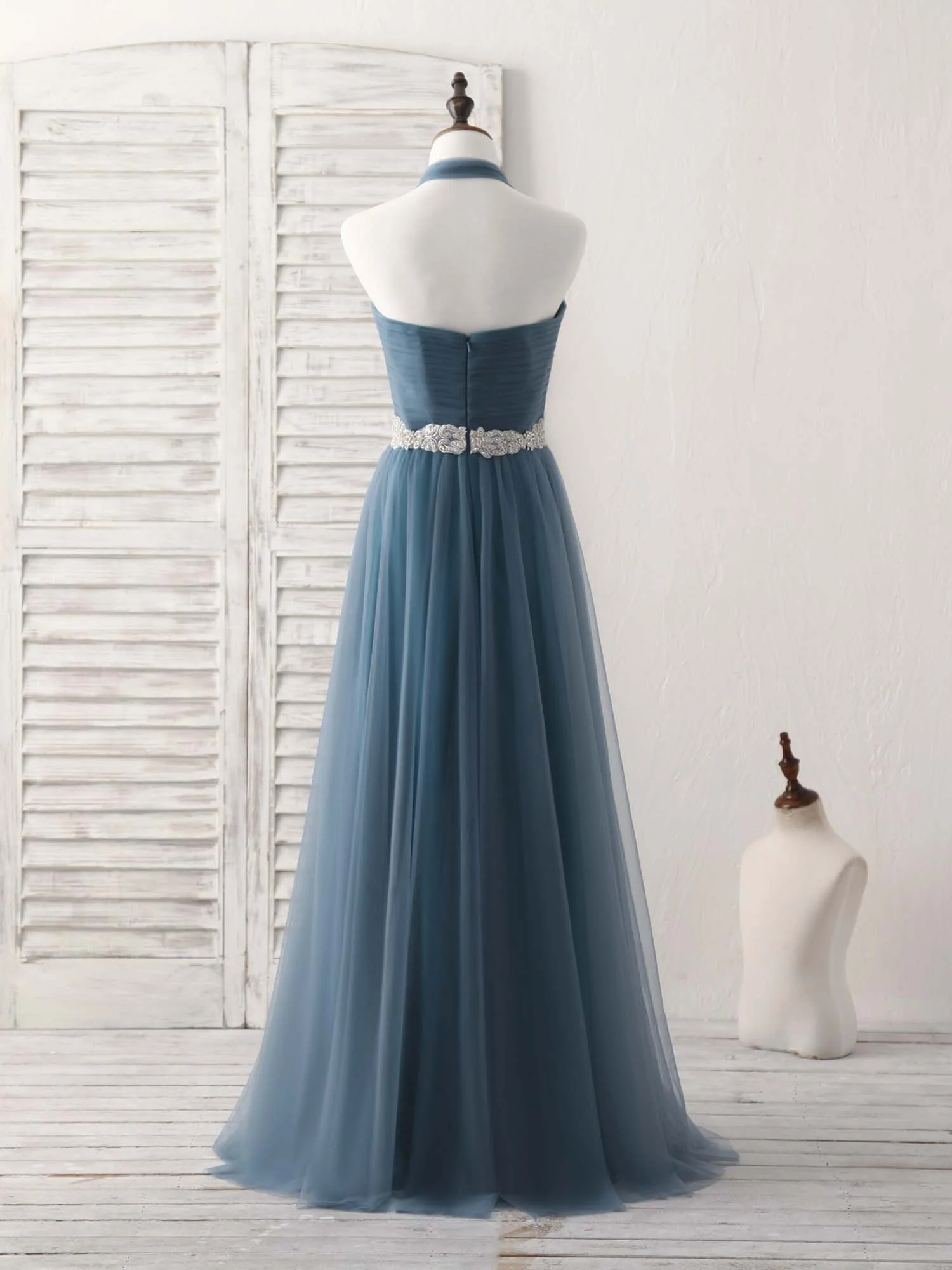 A-Line Gray Blue Tulle Long Bridesmaid Dress Gray Blue Prom Dress - Deanwangkt