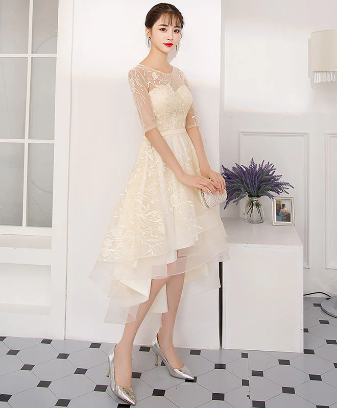 Champagne Tulle Lace Short Prom Dress, Champagne Tulle Homecoming Dress - Deanwangkt