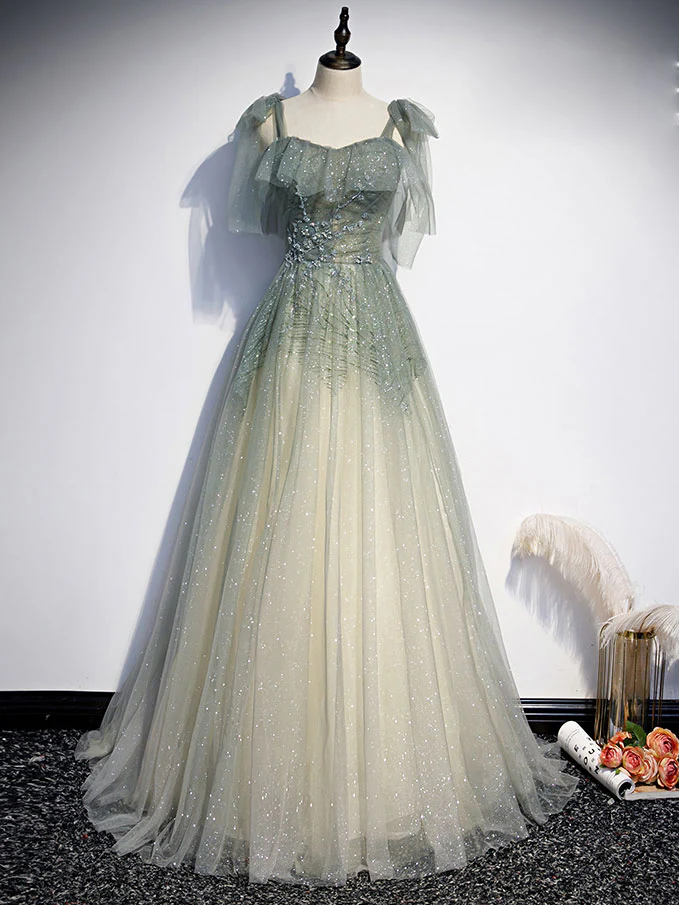 Gray Green Tulle Sequin Beads Long Prom Dress, Green Evening Dress - Deanwangkt