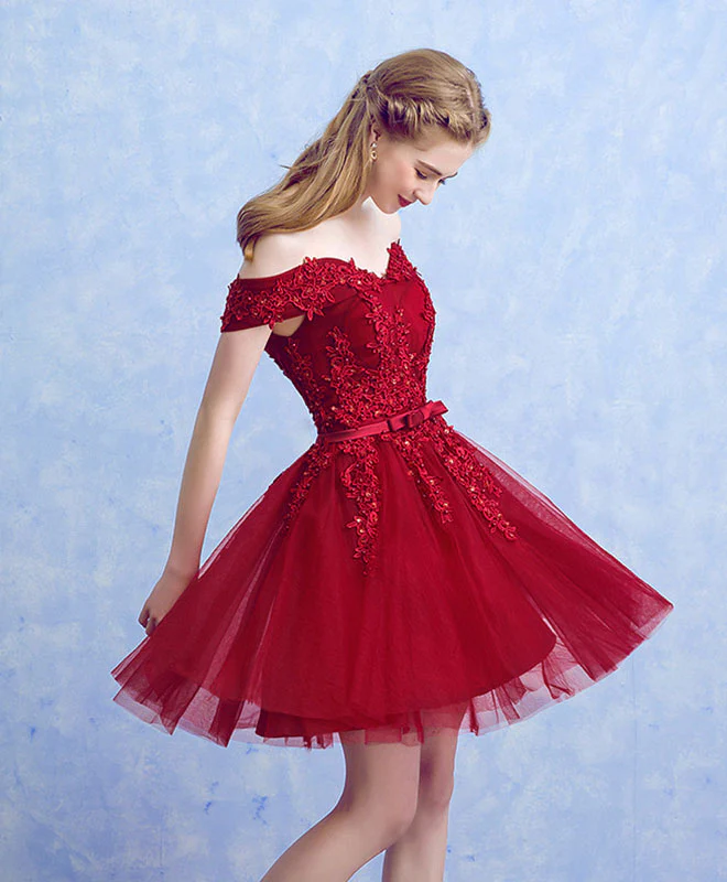 Burgundy Lace Tulle Short Prom Dress, Burgundy Lace Homecoming Dresses - Deanwangkt