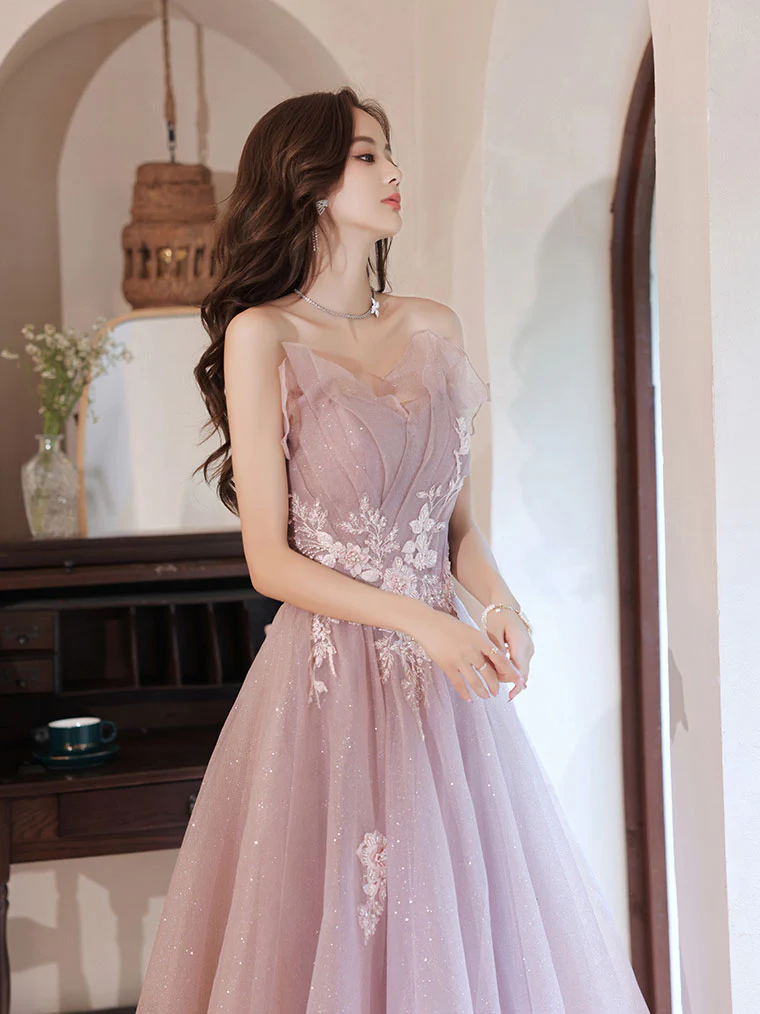 Pink A line Tulle Lace Applique Long Prom Dress, Pink Evening Dresses - Deanwangkt