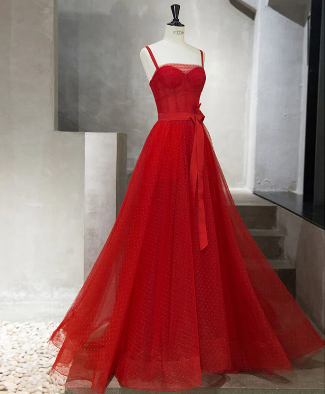 Red Tulle Long Prom Dress, Red Tulle Evening Dress - Deanwangkt